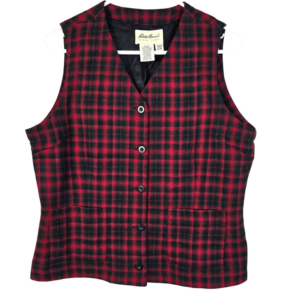 Vintage Eddie Bauer Vest Women's MP Red Charcoal Wool Plaid Academia Preppy
